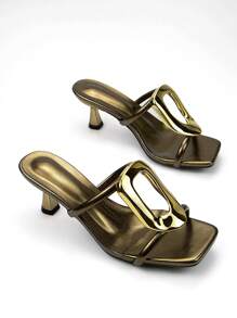 Women's Elegant Chic Gold Hardware Decor Bronze Metallic Fabric Comfy Pointy Toe Dailywear & Party Stiletto High Heel Mule Sandals