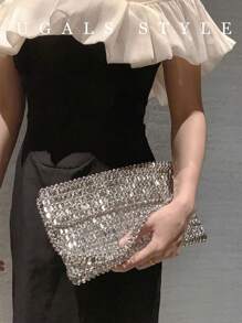 Bolsa grande feita à mão com pérolas nas axilas, prata brilhante, feita à mão, bolsa envelope de noiva, perfeita para festa, casamento, jantar/banquete, combinando com vestido de noiva, vestidos formais, vestido de baile, vestido de aniversário, vestido feminino de festa