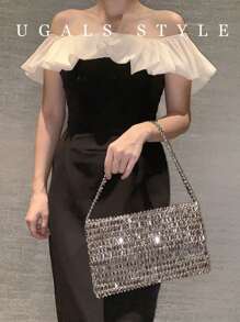 Bolsa grande feita à mão com pérolas nas axilas, prata brilhante, feita à mão, bolsa envelope de noiva, perfeita para festa, casamento, jantar/banquete, combinando com vestido de noiva, vestidos formais, vestido de baile, vestido de aniversário, vestido feminino de festa