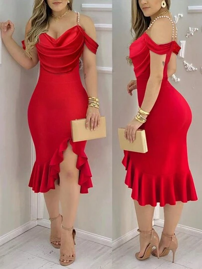 ChicMe Cold Shoulder Pearl Strap Ruffle Hem Slit Bodycon Midi Dress Elegant Party Evening Party Dresses