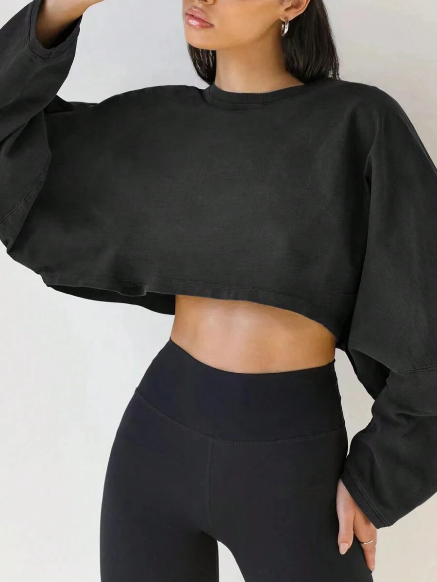 2025 Fashion Crop Crew Neck Sweatshirt, European & American Women Casual Sports Base Layer T-Shirt, Long Sleeve Knit Top