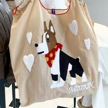 MZTKIN 1 件轻质尼龙可折叠大容量休闲手提包，带柯基刺绣，米色，适合海滩、购物、办公室、旅行和日常使用，是送给女性、女孩和母亲的完美礼物 - 米色 - 查看 5