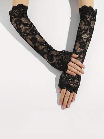 1 双优雅花朵刺绣蕾丝袖长手套 - 透气、有弹性、装饰性、无指、纯色 - 非常适合女士时尚和日常穿着万圣节