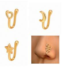 4pcs Non-Piercing Nose Clip Set - Heart, U-Shape Star, Heart, Moon Shaped Nose Clip Nose Ring Nose Jewelry Set - Gold 4-piece Suit - View 12