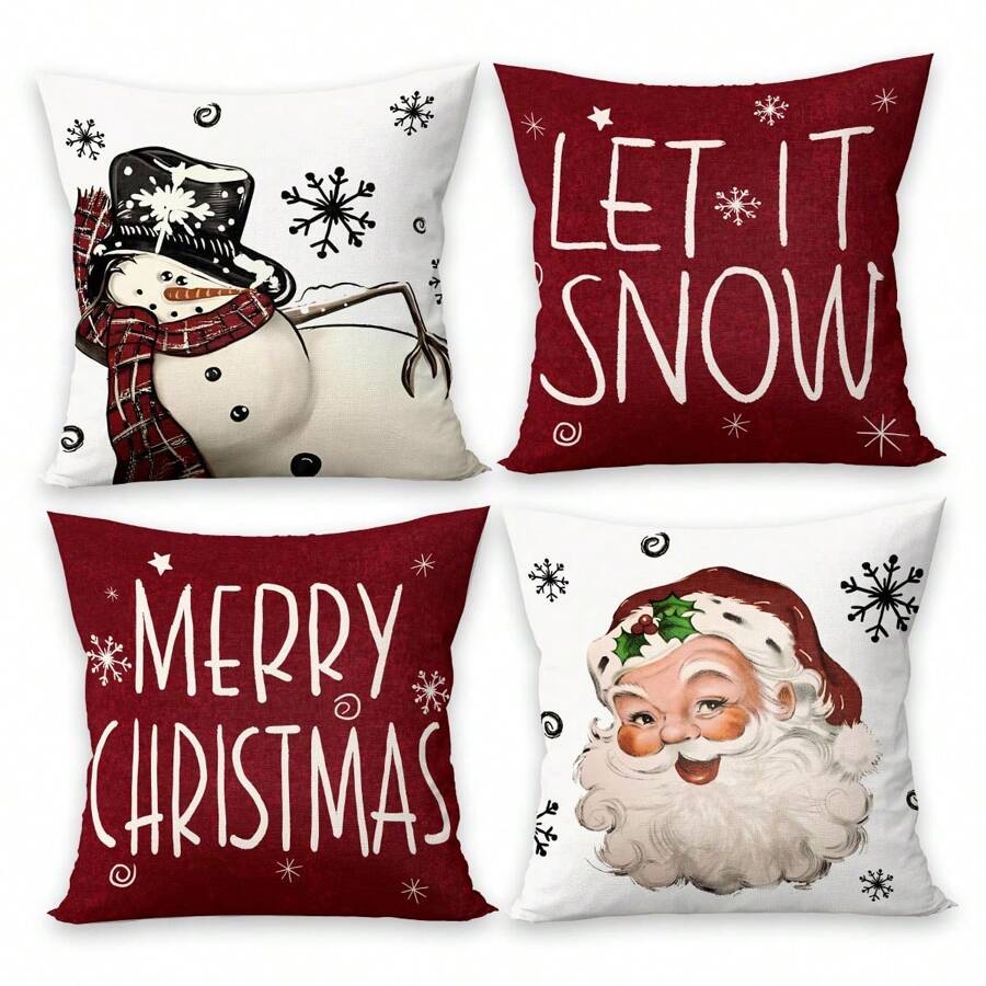 4pcs Christmas Pillow Covers, Vintage Santa Claus & Snowman Designs, Merry Christmas, 17.7inch*17.7inch, Christmas Decor Pillowcases For Living Room Sofa Bedroom, Pillow Inserts Not Included,Christmas