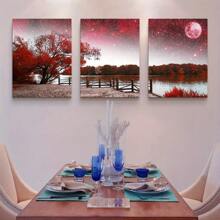 Red Tree Moon Scenery - Canvas Wall Art Set For Living Room And Home Decor 18''x24''x1.5'' -3pcs (45x60x12cm) - 紅樹月亮風景 - 查看 1