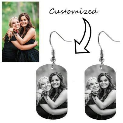 1Pair Personalized Family, Photo Stainless Steel Square Earrings, Black & White Photo, Customized With Engraved Name, Date, Text On Back, Christmas Gift