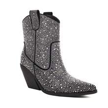 Goth Women Crystal Boots Round Toe Chunky Heel Sip-On Shoes Fashion Retro Shine Nightclub Boots Halloween Christmas Shoes - 黑色 - 查看 2