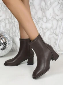 Women Mid-Calf Boots, European & American Fashion Long Boots, Ladies Stylish Ankle & Short Boots In Black, Beige, Brown, Back Zipper, Versatile For Spring, Autumn & Winter, Chunky Heel, Leather, Casual Outdoor Walking