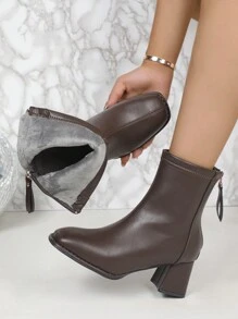 Women Mid-Calf Boots, European & American Fashion Long Boots, Ladies Stylish Ankle & Short Boots In Black, Beige, Brown, Back Zipper, Versatile For Spring, Autumn & Winter, Chunky Heel, Leather, Casual Outdoor Walking