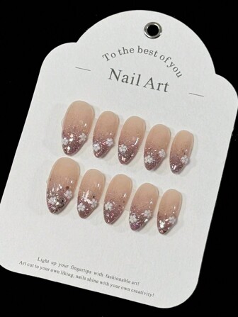 10 件手工制作杏仁形裸色闪光花朵图案按压式假指甲，优雅美甲用品