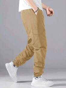 Men's Solid Color Drawstring Cargo Pants With Flap Pockets, Versatile Casual Outdoor Pants - 米色 - 查看 2