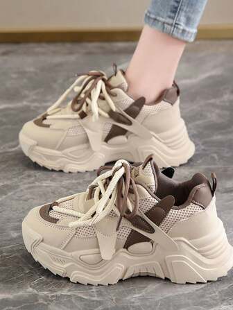 Women's Fashion Khaki Wedge Heel Thick Sole Casual Sneakers, Student Campus Classic Chunky Sneakers