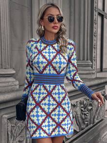 Knitted Geometric Pattern Pleated Short Fitted Sweater Dress, Turtleneck Long Sleeve, For Women, Autumn/Winter (Pattern Randomly Distributed) - Blue - View 4