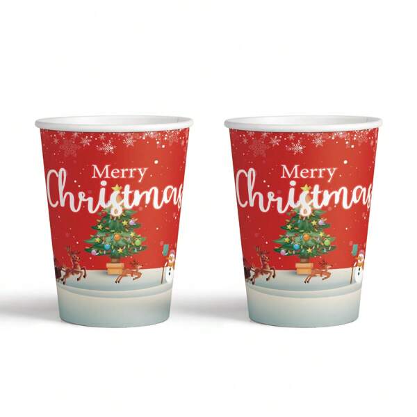 50pcs/100pcs Christmas Happy Red Theme Paper Cups, Santa Claus Pattern Disposable Cups, Christmas Reindeer Party Cups, Suitable For Cold Drink Coffee Use Party Supplies, Merry Christmas