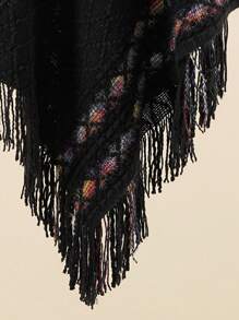 1 件宽松针织开衫毛衣披肩女士披肩流苏披肩 - 黑色 - 查看 2