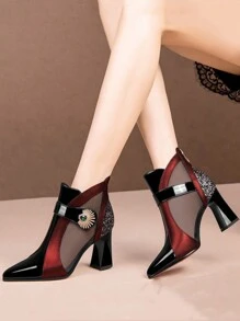 Women's Breathable Mesh High Heel Ankle Boots, Comfortable Chunky Heel Short Boots With Fashionable Back Zipper Design, Suitable For Outings, Parties Etc, All Season Wear