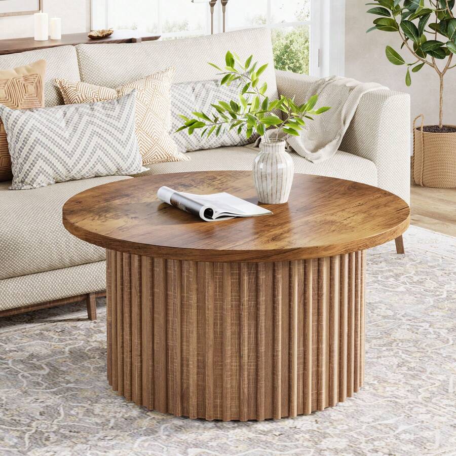 Tribesigns 31.5" Round Coffee Table, Farmhouse Circle Coffee Table With Metal Base, Modern Wood Accent Center Table Sofa Side Table For Living Room, Home Office, Wood Grain Veneer Top - 棕色 - 查看 1