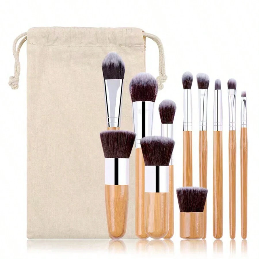 11pcs Bamboo Handle Makeup Brush Set With  Canvas Bag, Portable Cosmetic Tools With Makeup Pouch,Brush Set,Makeup Brush Kit,Make Up Brush Set,Make Up Set Complete,Makeup Brush Set,Complete Makeup Kit,Brush Kit,Brushes Makeup Set,Makeup Gift Set,Set - Multicolor - View 1