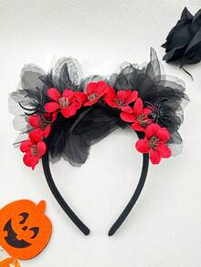 1 Vòng Tóc Nhung Đỏ, Nhện, Thiết Kế Hình Dơi Màu Đen Phối Ren Cho Tiệc Halloween - Đỏ - Xem 4