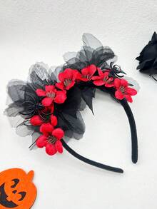 1 Vòng Tóc Nhung Đỏ, Nhện, Thiết Kế Hình Dơi Màu Đen Phối Ren Cho Tiệc Halloween - Đỏ - Xem 3