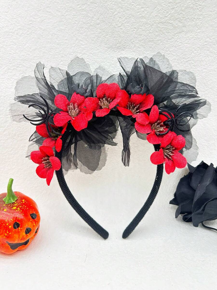 1 Vòng Tóc Nhung Đỏ, Nhện, Thiết Kế Hình Dơi Màu Đen Phối Ren Cho Tiệc Halloween - Đỏ - Xem 1