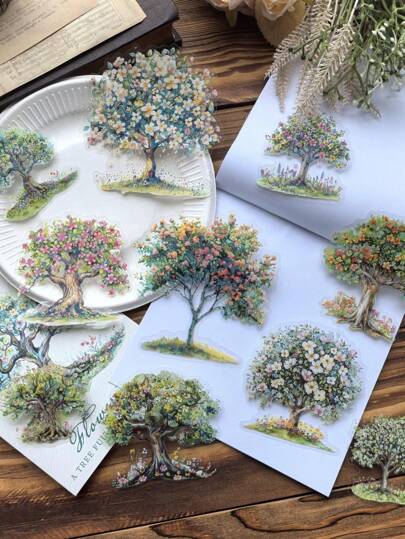 10 件/包复古大尺寸贝壳彩虹浮雕油墨 PET 贴纸，花树设计装饰贴纸，适用于日记、剪贴簿