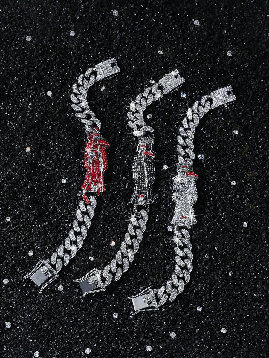 1pc Men's Hip-Hop Style Fully Rhinestone Skull Pendant Chain Bracelet, Punk Rock Fashion Bracelet Gift For Boyfriend - Silver - View 1