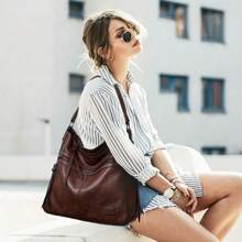 1pc Luxury Handbags Large Capacity Shoulder Bag Solid Color Versatile Underarm Bag Faux Leather Zipper Stylish Tote Bag Vintage Crossbody Messenger Bags Fashion Bag Perfect For Outdoor Travel Work Office Best Gift For Mom, Book Bags For Back To School, Retro Inspired Vintage Bag For Women