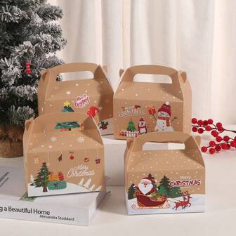 4/8/12pcs/Set 16*9*9cm Party Holiday Beige New Christmas Deer, Snowman Kraft Paper Fruit Gift Box, Christmas Eve Creative Gift Box, Christmas Gift Home Party Decor