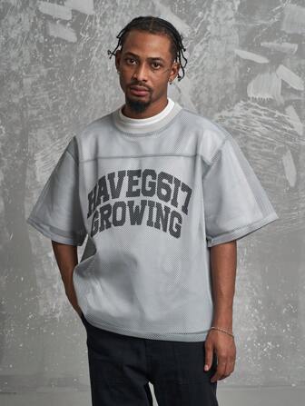  MT99 American Streetwear Mesh Hollow Out Letter Print Short Sleeve T-Shirt, White Gray