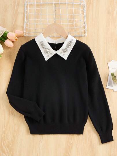 1pc Young Girls Autumn New Polo Collar Diamond Stud Black Knit Sweater