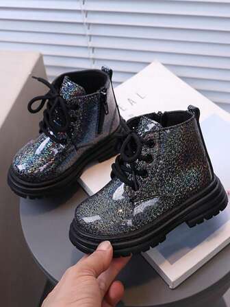 1 Pair Simple & Fashionable New Single-Layer PU Patent Leather Front Lace-Up & Side Zipper Solid Color Casual Short Boots, Unisex, Suitable For Daily Wear