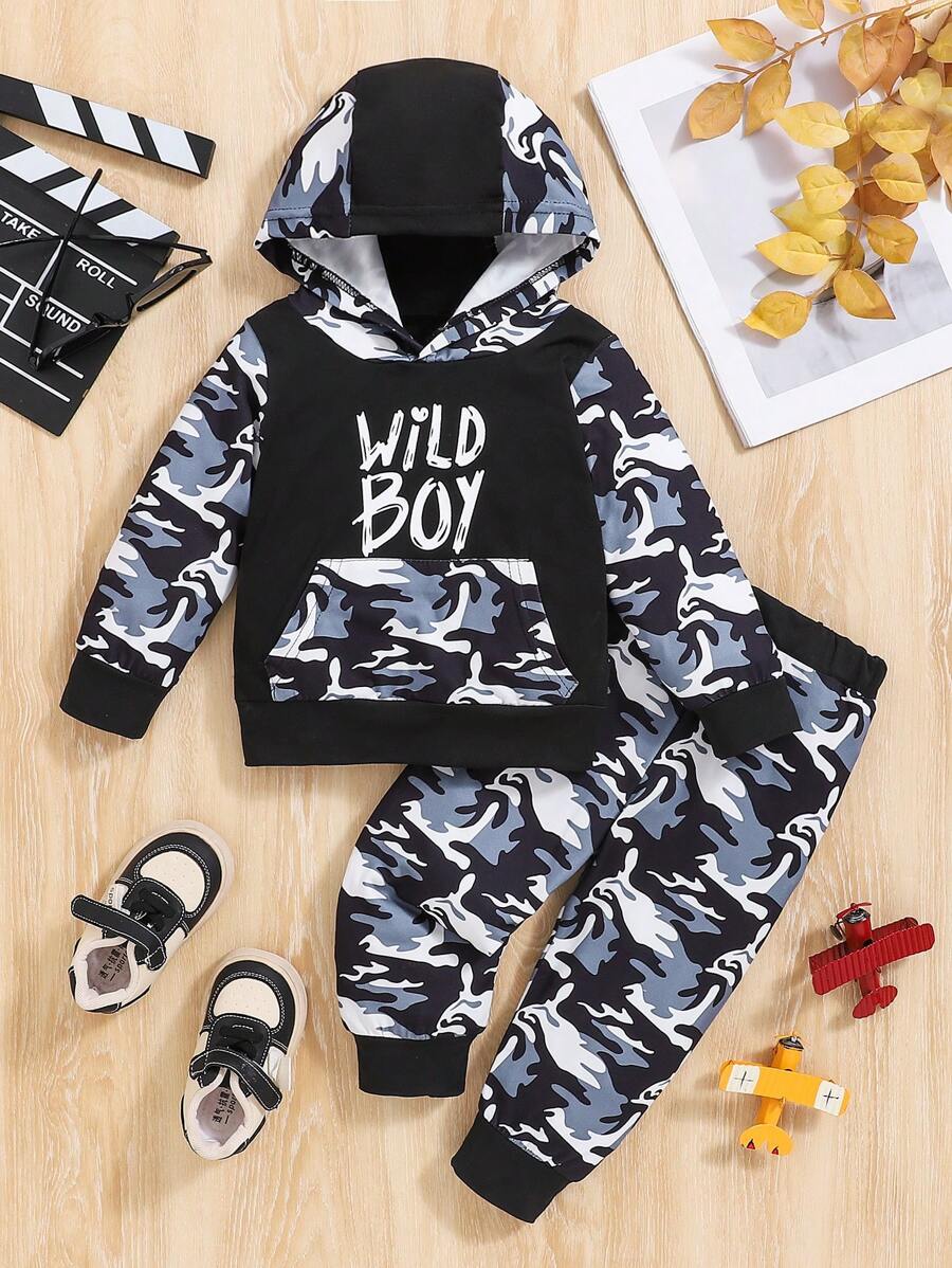 2pcs/Set Infant Boys' Casual Letter & Camouflage Print Hoodie Sweatshirt And Camouflage Pants Set, Fall/Winter Outfit