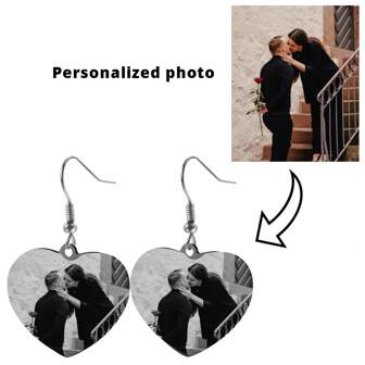 Pendientes personalizados de acero inoxidable negro y blanco con corazón y texto grabado en la parte posterior - regalo para la familia, mascota, niño, nombre, fecha, vacaciones/cumpleaños, San Valentín