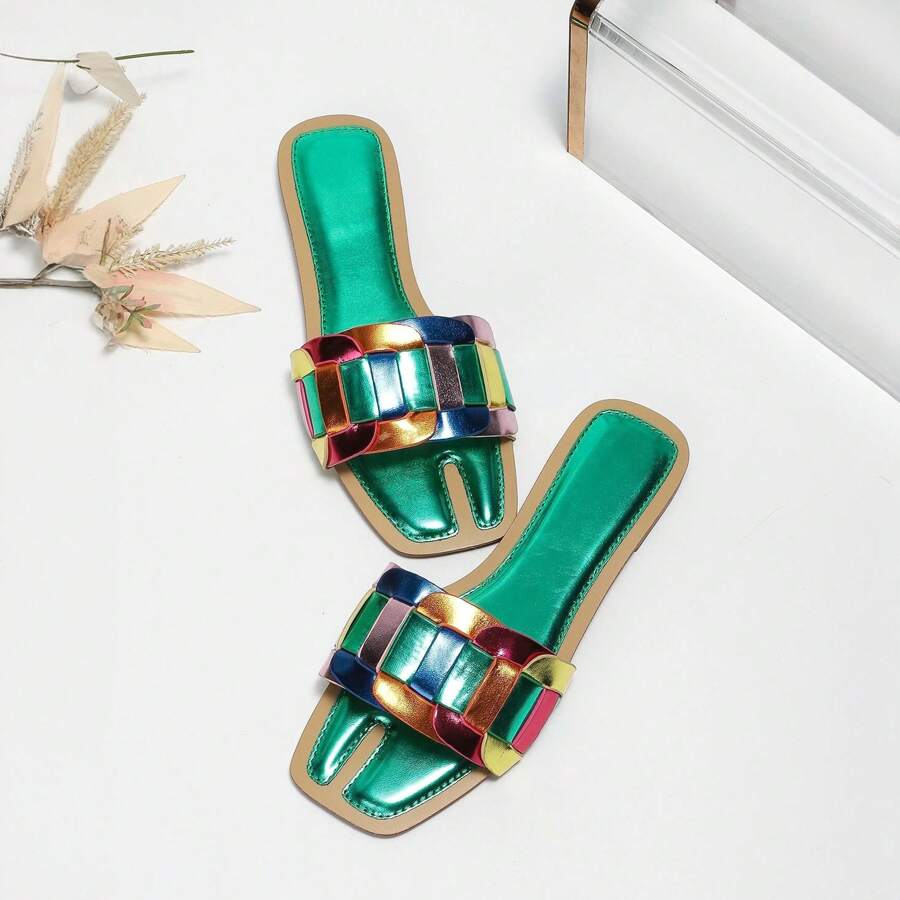 Stylish And Comfy Women's Colorblock Square Toe Sandals With Rubber Sole For Summer - Green - View 1