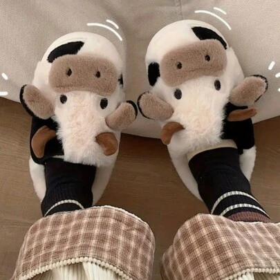 Ciabatte da mucca per donne, pantofole animali in pelliccia, ciabatte invernali calde e morbide, scarpe con suola spessa e soffice, ciabatte da casa per uso interno ed esterno