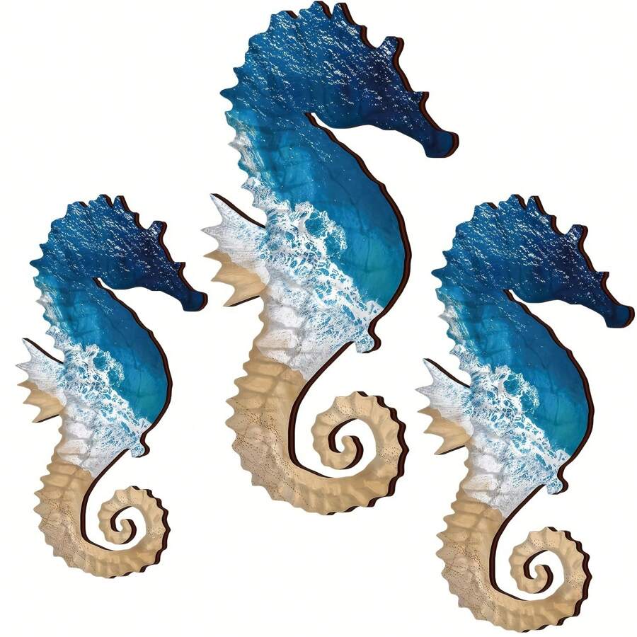 Mediterranean Style Seahorse Wall Decoration 3 Pieces Set, Reusable Wooden Nautical Artwork For Home Decor,Home Decor ,Room Decor,Wall Decor Gifts Birthday Graduation - Baby Blue - View 1