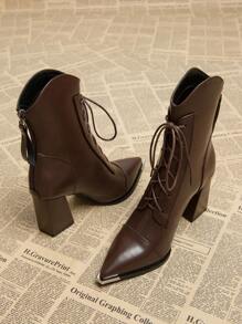 2024 Fall New Women's Elegant Coffee Brown Lace-Up Boots Go With Dress, Chunky Heel High Heeled Pointed Toe Ankle Boots, Fashion Winter Boots For Women - Coffee Brown - View 4