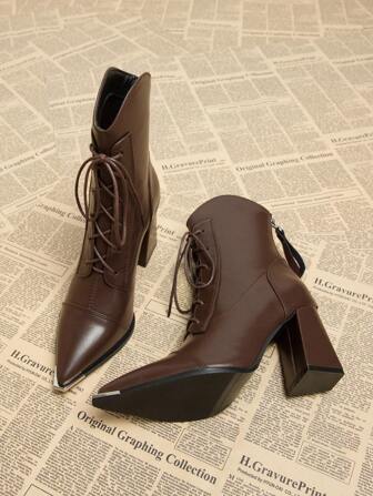 2024 Fall New Women's Elegant Coffee Brown Lace-Up Boots Go With Dress, Chunky Heel High Heeled Pointed Toe Ankle Boots, Fashion Winter Boots For Women