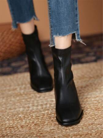 Women's Fashion Back Zipper Mid-Heel Cardigan Pairing Short Boots, PU Square Toe Chunky Heel Elegant Zipper Short Boots