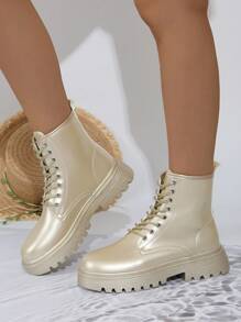 Botas doradas de moda para mujeres, botas de combate minimalistas con cordones, botines de tobillo con cordones y punta redonda - Dorado - Ver 2