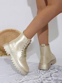 Botas doradas de moda para mujeres, botas de combate minimalistas con cordones, botines de tobillo con cordones y punta redonda - Dorado - Ver 5
