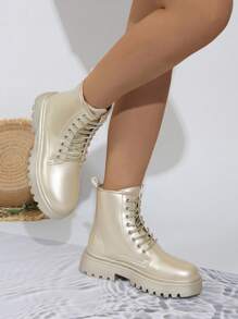 Botas doradas de moda para mujeres, botas de combate minimalistas con cordones, botines de tobillo con cordones y punta redonda - Dorado - Ver 6