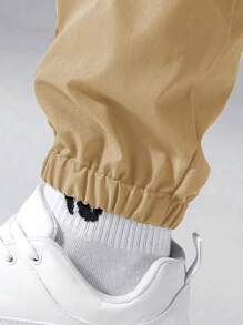 Men's Solid Color Drawstring Cargo Pants With Flap Pockets, Versatile Casual Outdoor Pants - 米色 - 查看 5