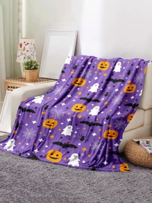 1 pieza Manta de Halloween, manta de forro polar suave y cálida con estampado de murciélagos, arañas y calabazas, para sofá, oficina, cama, camping, siesta, manta multiusos para todas las estaciones, regalo