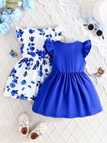 Baby Girl Summer Cute Ruffle Sleeve Round Neck Bow Decor Dress Multicolor Two-Piece Set - Multicolor - View 2
