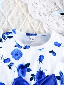 Baby Girl Summer Cute Ruffle Sleeve Round Neck Bow Decor Dress Multicolor Two-Piece Set - Multicolor - View 3