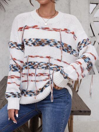 Women's Casual Round Neck Drop Shoulder Long Sleeve Striped Fringe Trim Knitted Pullover Sweater For Autumn Winter