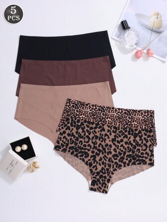 5 条装 女式豹纹无缝三角内裤，柔软透气